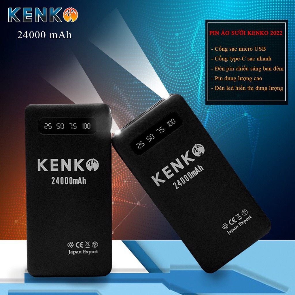 Pin áo sưởi Kenko dung lượng 24000mah có đèn pin chiếu sáng bảo hành 12 tháng - Ảnh 3